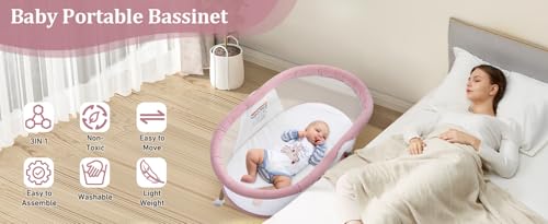 Pink Portable Baby Bassinet 3-in-1 Crib with Mosquito Net & Travel Bag