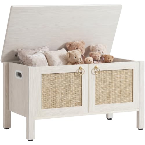 SICOTAS Rattan Storage Bench Boho Chest with Safety Hinges - White Cream Oak, 32.2" Wide