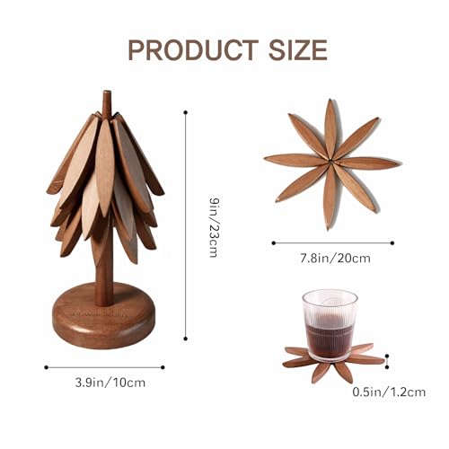 Powdonunt Brown Wooden Tree Coasters, 3 Foldable Tripod Trivets with Stands