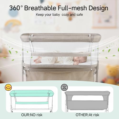 Baby Bassinet Bedside Sleeper with 5-Position Height Adjustment - All-Mesh Wall, Space-Saving Crib - Beige (Variation of THIS listing)