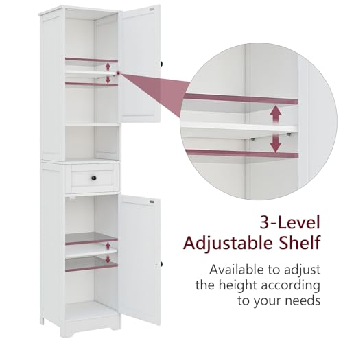 Tall Bathroom Cabinet with 5 Shelves & Drawer - White, Adjustable Storage