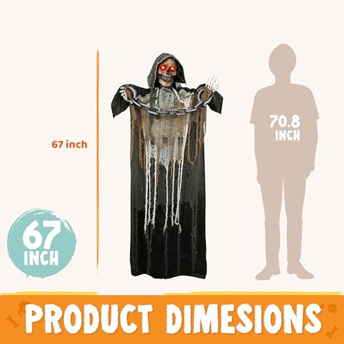 JOYIN Black Grim Reaper Halloween Outdoor Animatronic Decoration, Life Size 67" with Sound & Chain
