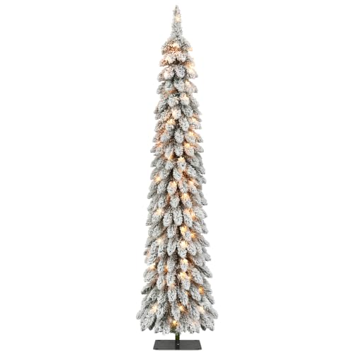 Puleo International 7ft Pre-Lit Flocked Alpine Pencil Christmas Tree