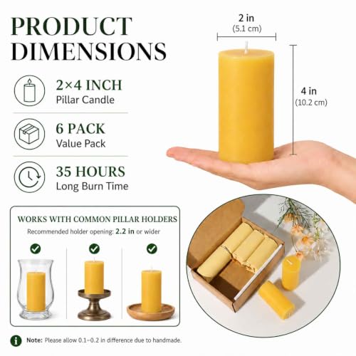 Yellow Beeswax Pillar Candles 2x4 Inch - Non-Toxic, 6 Pack, Long Burn