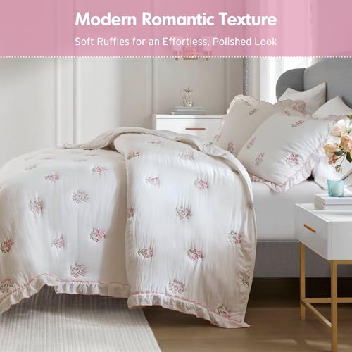 Pink Floral Ruffle Quilt Set - Queen Size, 3 Pieces, Microfiber Bedding