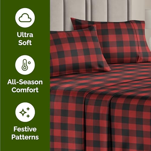CGK Christmas Sheet Set - Holiday Xmas Bedding Buffalo Plaid, Queen