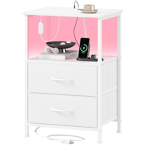 Somdot White Nightstand with 2 Drawers, Charging Station & LED Light - 11.8"D x 15.7"W x 23.6"H