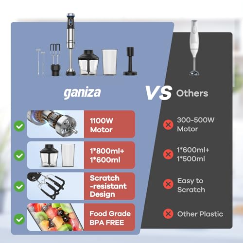 Ganiza 6-in-1 Black Handheld Immersion Blender with 1100W Motor & Accessories