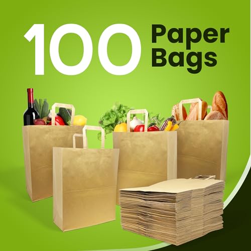 Large Kraft Paper Grocery Bags with Handles | 12x7x14 Inches, 100 Pack