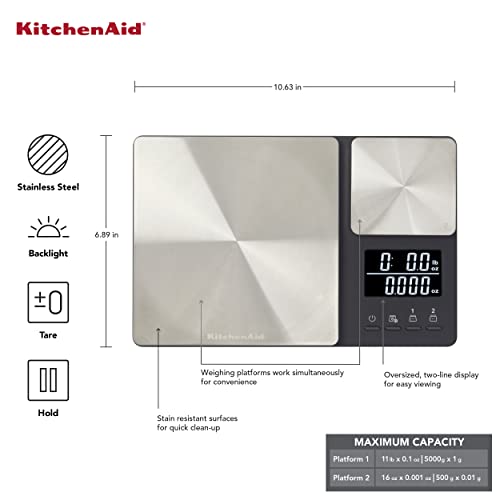 KitchenAid Dual Platform Digital Kitchen Food Scale 11lb & 16oz Capacity, Black