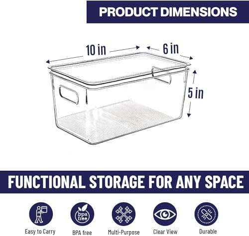 CONTROL KITCHEN Clear Plastic Storage Bins with Lids - 8x10x5 Inch Stackable Pantry Organizer
