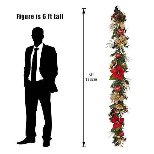 IDEALHOUSE Red & Gold 6FT Battery-Operated Christmas Garland with Lights & Timer