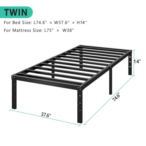 14 Inch Metal Platform Bed Frame Twin Size No Box Spring Needed Heavy Duty Support Black