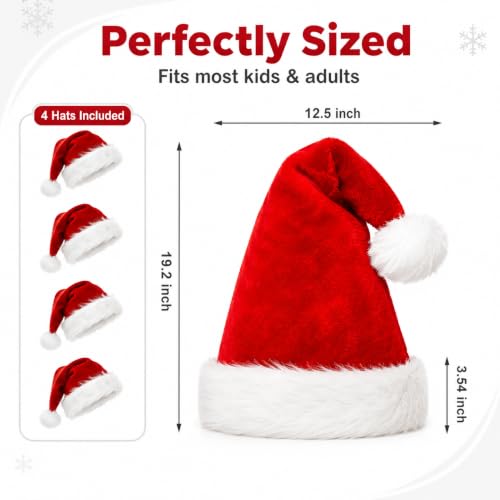 COOLJOY 4 Pack Plush Santa Hats - Adult & Kids Christmas Party Hats