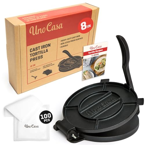 Uno Casa 8 Inch Cast Iron Tortilla Press Pre-Seasoned Flatbread Maker