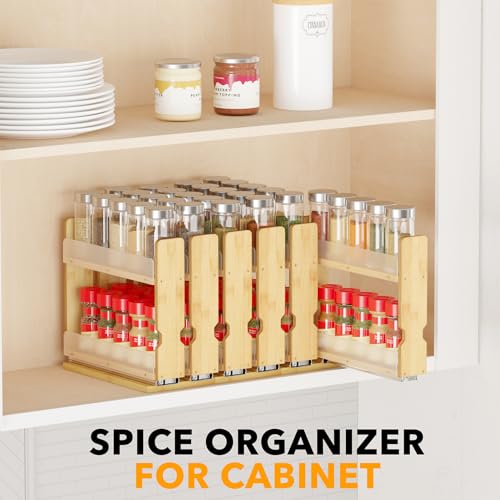 SpaceAid Bamboo Pull Out Spice Rack Organizer for Cabinet - 5.1" Wide, 2-Tier, 2 Drawers Natural
