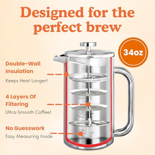 Ziruma Standard 34oz Non-Toxic Stainless Steel French Press - No Plastic, Heavy Metals