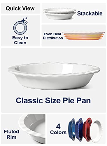 Ceramic Pie Pans Set of 2 - 9 Inch White Baking Dishes, 36 OZ, Fluted Edges