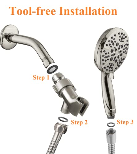High Pressure Handheld Shower Head with 5 Spray Settings, 60-Inch Stainless Steel Hose, Brushed Nickel