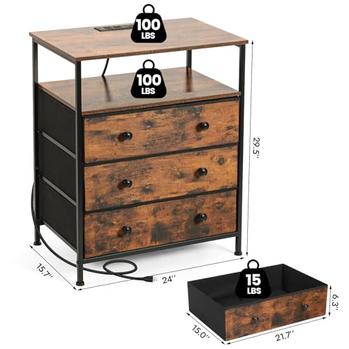 Rustic Brown 3-Drawer LED Nightstand with USB Charging Station & RGB Light