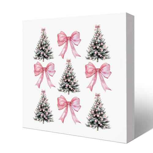 HONLUNG Christmas Tree Decorations Sign,Pink Bows Wooden Box,Christmas Decorations for Home Office Bedroom Living Room Shelf Desk Decor, 5x5 Inches