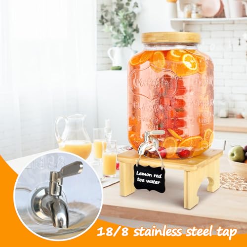 2 Gallon Glass Beverage Dispenser with Wood Stand & Stainless Steel Spigot