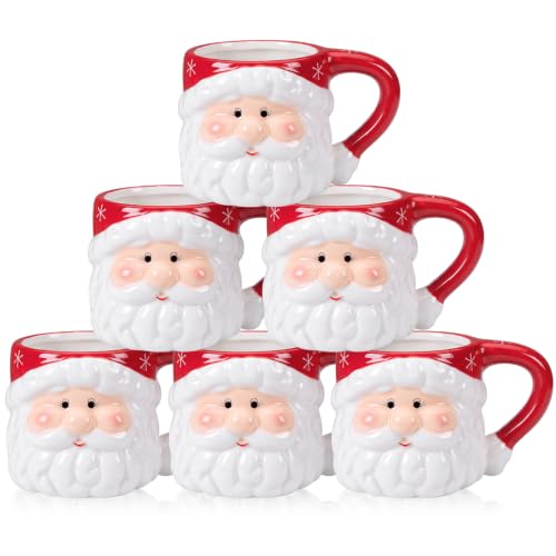 Sliner 6 Pack Red 14oz Santa Coffee Mugs - Christmas Ceramic Cup Set