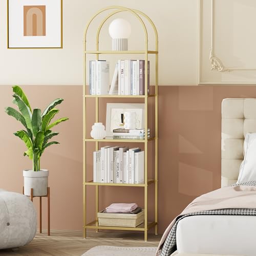 Gold 5-Tier Tall Bookshelf with Glass Shelves - Arched Bookcase, 11.8 x 13.8 x 57.1 inches