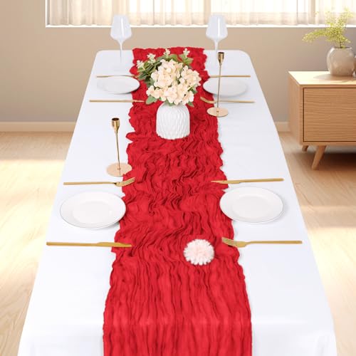 ACSUIT 3 Pack Red Cheesecloth Table Runner 17x108 Inch Semi Sheer Boho Fabric for Wedding & Party Decor