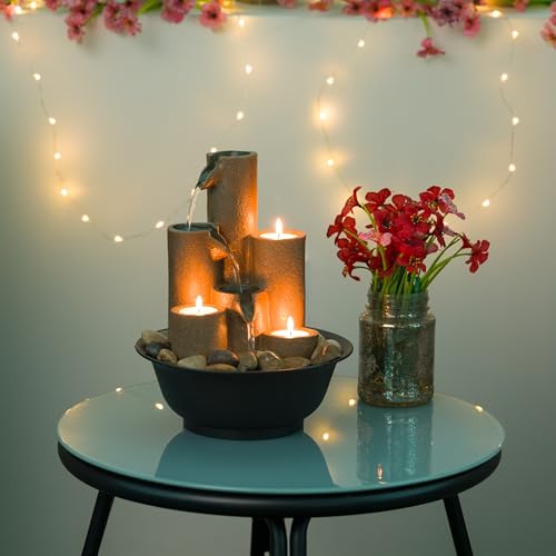 Indoor Tiered Water Fountain with Candle Holders - Brown, 11"
