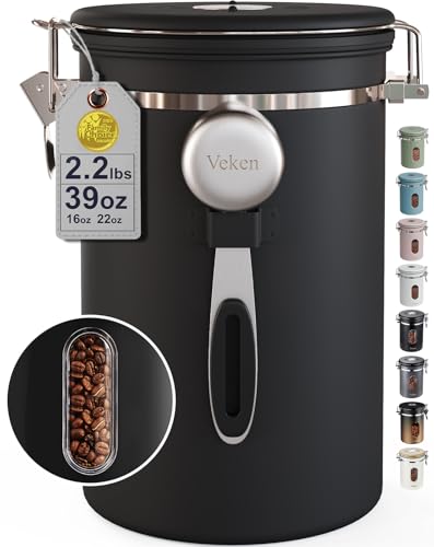 Veken Coffee Canister with Window - 39 oz Large Airtight Stainless Steel Jar - Black