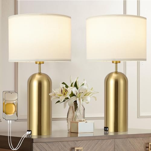 Gold Touch Control Table Lamps Set of 2 - 22 Inch Modern White & Gold Bedside Nightstand Lamps with USB-C Ports