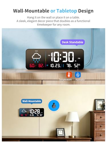 Large Digital Wall Clock with Weather & Network Sync - Black