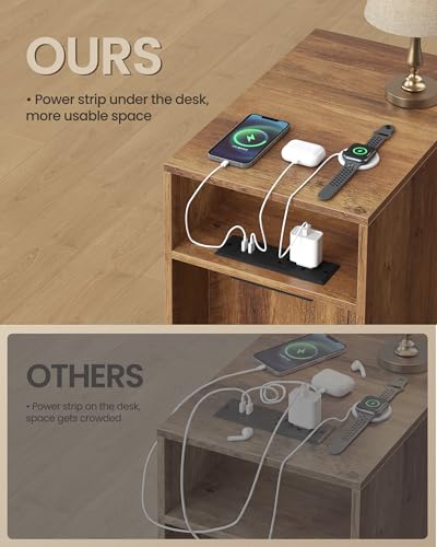 VASAGLE Narrow End Table with Charging Station, Nightstand – Honey Brown, 18.9 x 11.8 x 23.6 inches