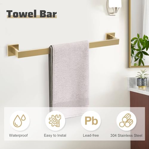5-Piece Brushed Gold Bathroom Hardware Set with Double-Base Toilet Paper Holder & Towel Bar