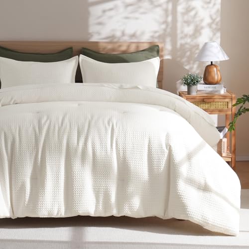 PHF Cream King Size Waffle Weave Comforter Set with 2 Pillow Shams - Ultra Soft All-Season Bedding