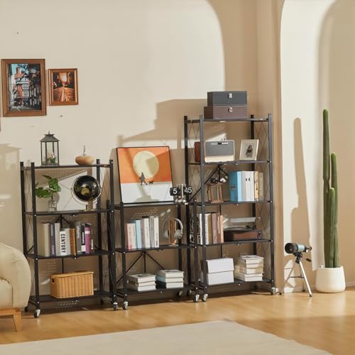 Foldable 4-Tier Metal Storage Shelves with Wheels - Large Capacity Organizer, No Assembly, Black Variation 1