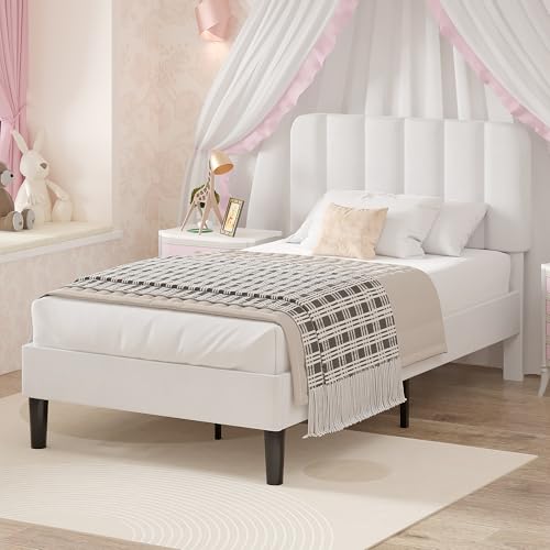 VECELO White Twin Size Upholstered Platform Bed Frame with Headboard