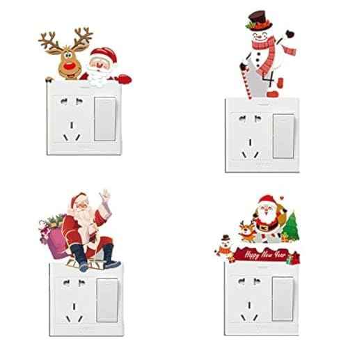 Merry Christmas Removable Switch Stickers- Funny Santa Claus and Snowman Wall Sticker- Light Switch Window Decor, Family Holiday Christmas Day DIY Art Decals( 4 PCS)