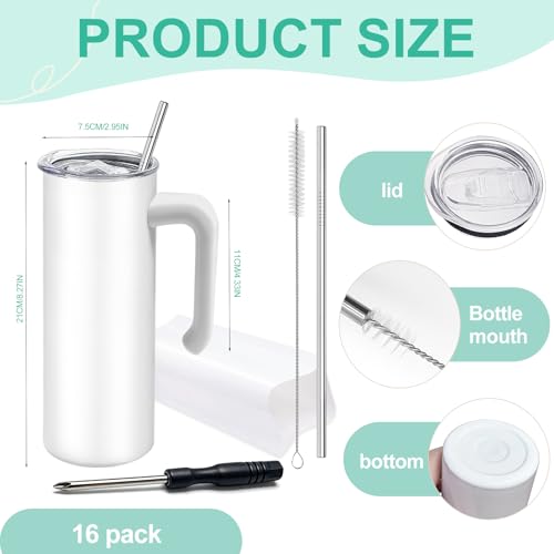 20oz Sublimation Skinny Tumbler Set with Handle & Straw - Stainless Steel Double Wall Insulated Bulk Pack