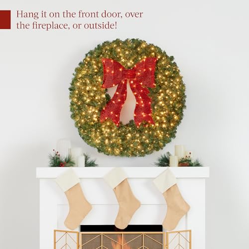 36in Artificial Fir Christmas Wreath with Red Lighted Bow & 150 LED Lights - Green Spruce