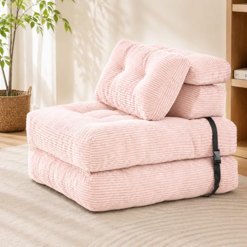 Pink Folding Sofa Bed - King Oasis Corduroy Chair Bed with Pillows, 3-in-1 Convertible Floor Couch