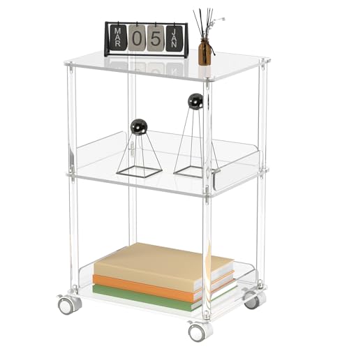 Acrylic Rolling Side Table - 3 Tier Movable End Table with Lockable Wheels