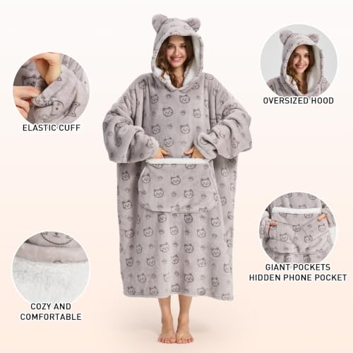 Silver Cat Wearable Blanket Hoodie for Women Men Oversized Sherpa Fleece