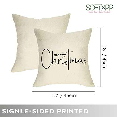 Merry Christmas Throw Pillow Cover, 18" x 18" Inch Decorative Xmas Sign Rustic Cushion Case, Farmhouse Home Winter Decoration Holiday Square Pillowcase Decor for Sofa Couch Cotton Linen