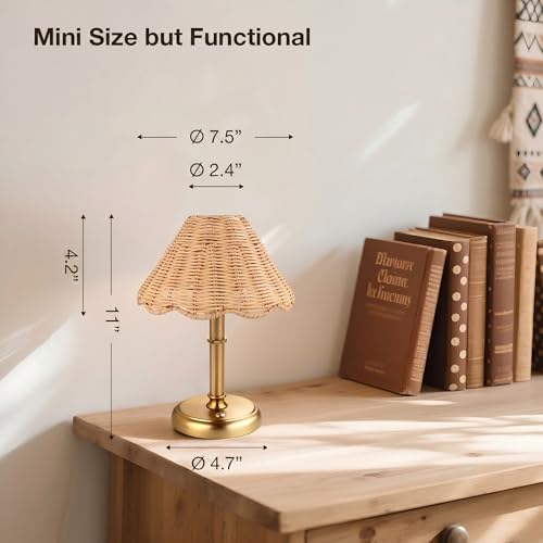 11-Inch Gold Mini Cordless Rattan Table Lamp with 5200mAh Battery - Dimmable Bedside & Dining Light