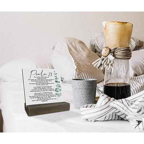 Bible Verse Psalm 23 Plaque Signs, She is Clothed in Strength & Dignity and She Laughs without Fear of the Future, Wooden Plaque Gift with Stand, Home Decor Tabletop, Religious Artwork Decor