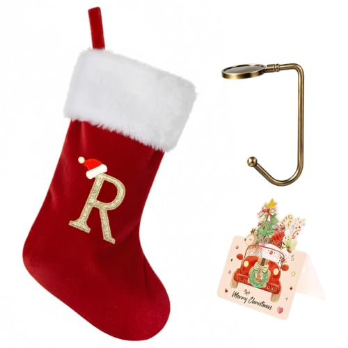 Christmas Stockings with Initials - 20 Inch Velvet Monogram Xmas Stocking, Red / Letter R