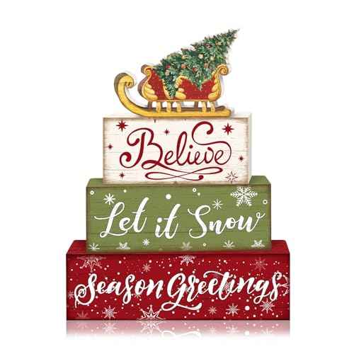 Britimes 4 Pcs Sleigh Christmas Tree Wooden Tiered Tray Decor Set, Farmhouse Rustic Holiday Decorative Stack Block Sign Wonderful Time Table Centerpieces for Home Shelf Table Decorations (Sleigh Tree)