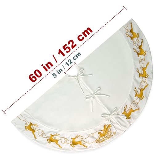 Ivory 60-Inch Velvet Christmas Tree Skirt with Gold Reindeer & Santa Embroidery, Lace Ties